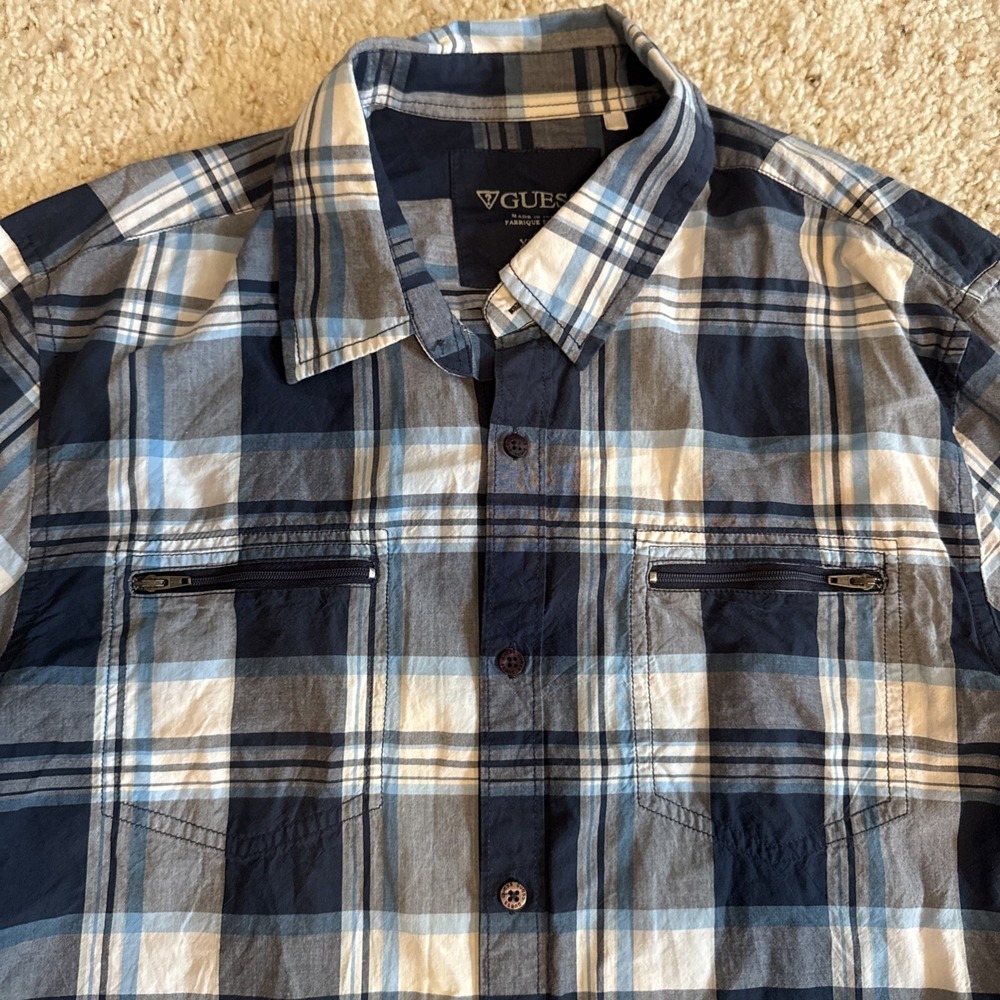 Guess Mens Long‎ Sleeve Plaid Button up Dress Shirt Size X-Large Blue/White